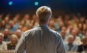 Man with blond hair speaking to a seated audience in a dimly lit room.