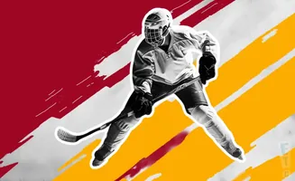 A hockey player in action against a red and yellow abstract background.