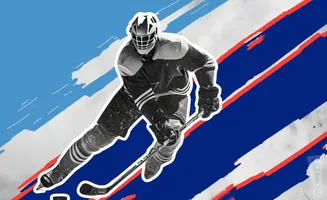 Black and white hockey goalie in action against a blue, white, and red abstract background.