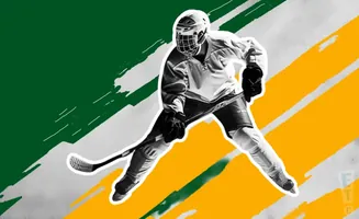 Hockey player in action on a green and yellow background with abstract brushstrokes.