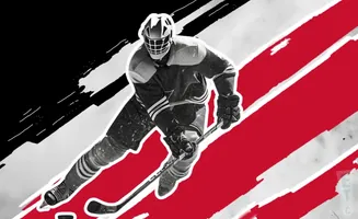 A black and white image of a hockey player skating on a red and white background.