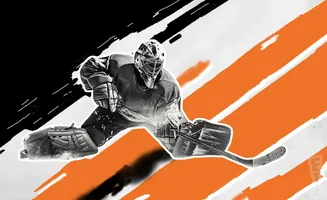 Hockey goalie in full gear making a save, with orange and white abstract brush strokes.