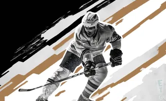 A black and white hockey player in uniform skates, with abstract brown and black brush strokes in the background.