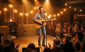 A man plays guitar and sings into a microphone on stage in a barn, with an audience of people in cowboy hats clapping.