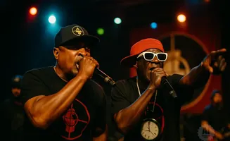 Two rappers perform on stage, one wearing a black cap and the other a red hat and white sunglasses.