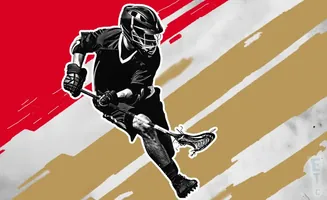 A black and white image of a lacrosse player in action against a red and gold abstract background.