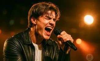 A male singer with his eyes closed, belting into a microphone on a dimly lit stage with warm spotlights.