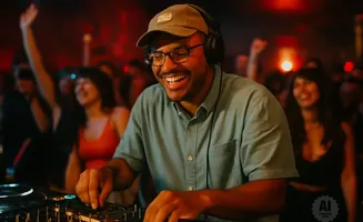 A smiling DJ in headphones and a cap works at a console at a lively party.