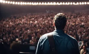 A guitarist in a denim shirt faces a large, cheering crowd under stadium lights.