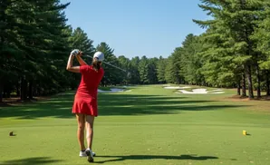 A golfer in a red outfit swings her club on a sunny day at a golf course.