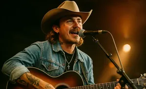 A male country singer with tattoos and a cowboy hat performs with an acoustic guitar and microphone.