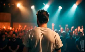 Man in a white t-shirt faces a cheering crowd under stage lights.