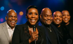 A Black woman sings into a microphone, flanked by a group of smiling Black men.