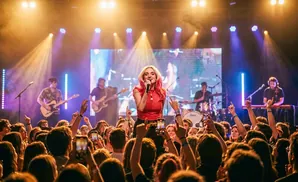 A female singer with pink hair performs on stage at a concert, surrounded by band members and a cheering crowd.