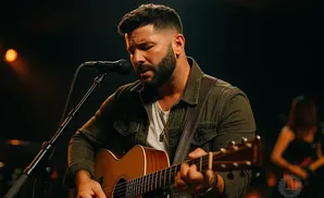 A man with a beard plays an acoustic guitar and sings into a microphone on stage.
