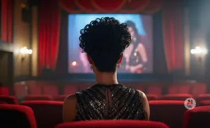 A woman with curly black hair watches a screen in a dark theater.