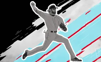 A baseball pitcher in mid-throw with a dynamic background of black, white, blue, and red stripes.