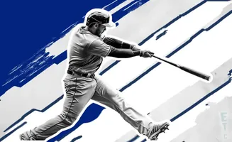 A baseball player in mid-swing against a blue and white abstract background.