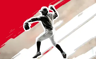 A baseball pitcher throws a ball against a red and beige background.
