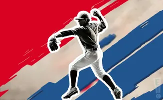 A baseball pitcher in mid-throw against a red, white, and blue abstract background.