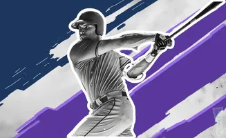 A baseball player swings a bat against a purple and blue background.