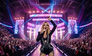 Singer performs on stage surrounded by confetti, lights, and a cheering audience holding up phones.