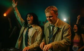 Two DJs in trench coats play music at a club as the crowd dances.