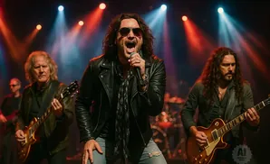 A male rock band performs on stage with bright red and blue spotlights.