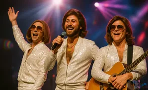 Three men in sparkly white jackets and 70s hairstyles perform on stage. One sings into a microphone, another plays guitar.