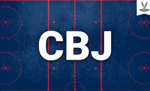 An overhead view of a blue ice hockey rink with red markings, including circles and lines.