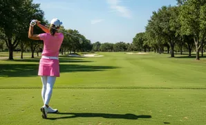 A female golfer in a pink outfit swings her club on a sunny golf course.