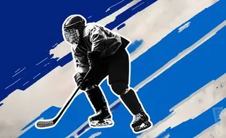 A hockey player in full gear skates against a blue and white abstract background.