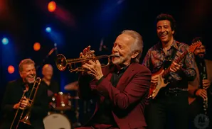 A jazz band performs with a trumpeter in the foreground wearing a maroon suit.