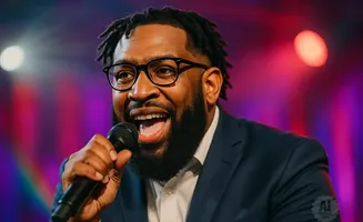 A Black man with dreadlocks, glasses, and a beard sings into a microphone.