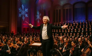 A conductor leads an orchestra and choir during a holiday concert, with snowflakes projected on the backdrop.