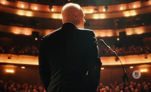 Man in a suit on stage with a microphone, speaking to an audience in a theater.