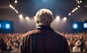 A person with gray hair faces away from the camera, looking at a blurred audience under stage lights.