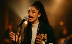 A young Black woman with a high ponytail sings into a microphone, wearing a green jacket with an 