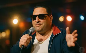 Comedian wearing sunglasses and a gold chain holds a microphone and gestures with his hand.