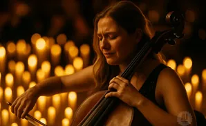 Woman with tears in her eyes plays cello by candlelight.