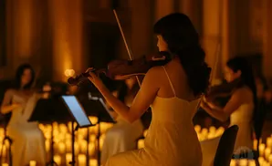 A woman in a white dress plays the violin by candlelight, with other musicians blurred in the background.
