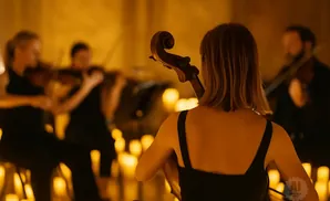 A cello player is in the foreground, with a string quartet playing behind her.