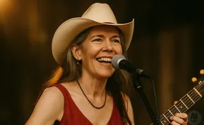 A woman in a cowboy hat smiles while singing into a microphone and playing a guitar.