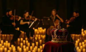A royal crown sits on a red velvet cushion, surrounded by candles, with a blurred orchestra playing violins in the background.