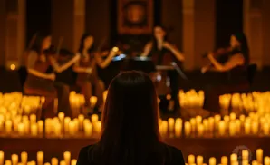 A woman watches a string quartet play by candlelight.