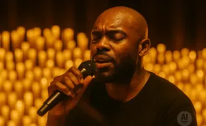 A Black man with a shaved head sings into a microphone, eyes closed, with a soft glow of candles behind him.