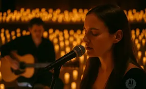 A woman sings into a microphone with a man playing guitar in the background, both lit by warm candlelight.