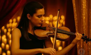 Woman playing violin in front of a background of candles and gold fabric.