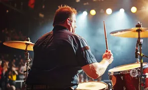 Drummer playing a red drum kit on a dimly lit stage with bright spotlights in the background.