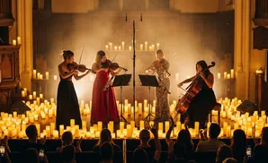 A string quartet plays illuminated by a sea of candles.